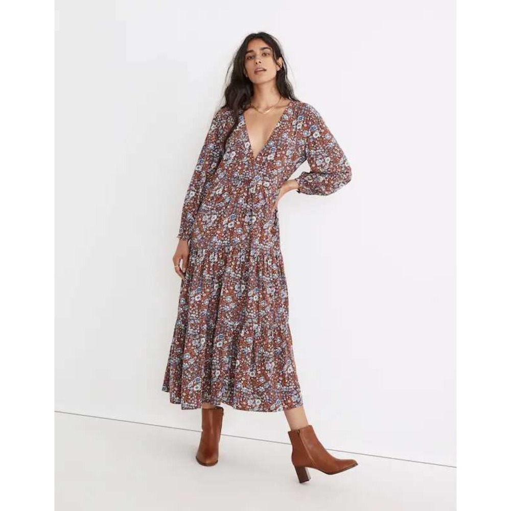Madewell Woodland Floral Long Sleeve Challis Wrap Midi Dress XL Brown Tiered
